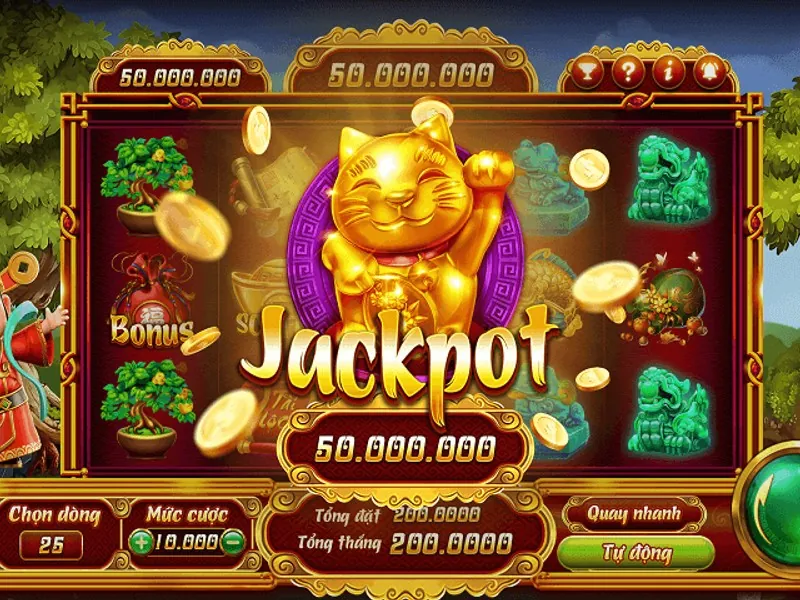 Máy đánh bạc jackpot lũy tiến với biểu tượng tiền vàng và giải thưởng lớn